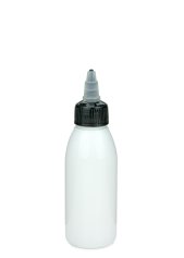 100 ml R-PET-Dosierflasche weiß, Ø 41,9 mm, On/Off-Verschluss (schwarz/transparent)