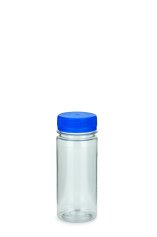 100 ml PET-Weithals-Smoothie-Flasche transparent, Ø 42,0 mm, Verschluss blau