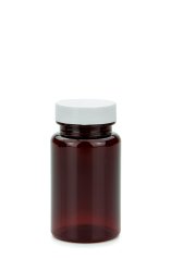 100 ml PET-Packer Schraubdose braun (38/400) – mit Pressure-Sensitive-Einlage, Deckel weiß, glänzend