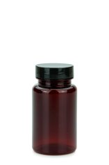 100 ml PET-Packer Schraubdose braun (38/400) – mit Pressure-Sensitive-Einlage, Deckel schwarz, glänzend