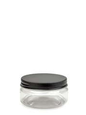 100 ml PET-Classic Tiegel klar (70/400) – Alu-Deckel schwarz-silber, matt, EPE-Einlage
