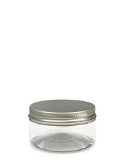 100 ml PET-Cylindrical Zylinderdose klar (70/400) – Alu-Deckel silber, glänzend, EPE-Einlage