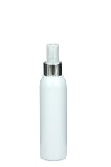 100 ml PET-Flasche weiß, Ø 37,1 mm, Sprühzerstäuber, Luxury-Ausführung transparent/Metall