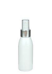 100 ml R-PET-Flasche weiß, Ø 41,9 mm, Lotionpumpe weiß/Metall