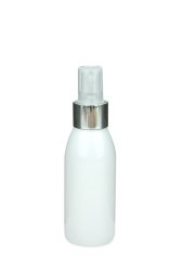 100 ml PET-Flasche weiß, Ø 41,9 mm, Sprühzerstäuber, Luxury-Ausführung natur/Metall