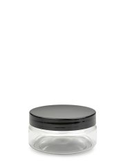 100 ml R-PET-Classic Tiegel klar (70/400) – Deckel schwarz, glänzend, Induktionssiegel