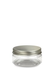 100 ml R-PET-Classic Tiegel klar (70/400) – Alu-Deckel silber, glänzend, EPE-Einlage