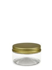 100 ml R-PET-Cylindrical Zylinderdose klar (70/400) – Alu-Deckel gold, matt, EPE-Einlage