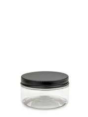 100 ml R-PET-Cylindrical Zylinderdose klar (70/400) – Alu-Deckel schwarz-silber, matt, EPE-Einlage