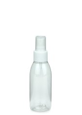 100 ml R-PET-Flasche transparent, Ø 41,9 mm, Sprühzerstäuber weiß, geriffelt