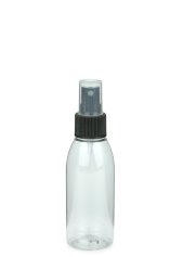 100 ml R-PET-Flasche transparent, Ø 41,9 mm, Sprühzerstäuber schwarz, geriffelt