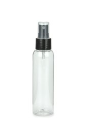 100 ml R-PET-Flasche transparent, Ø 37,1 mm, Sprühzerstäuber schwarz, glatt