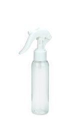 100 ml R-PET-Flasche transparent, Ø 37,1 mm, Mini-Trigger-Sprühzerstäuber weiß, glatt
