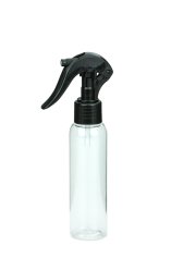 100 ml R-PET-Flasche transparent, Ø 37,1 mm, Mini-Trigger-Sprühzerstäuber schwarz, glatt