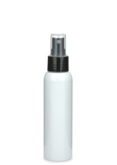 100 ml R-PET-Flasche weiß, Ø 37,1 mm, Sprühzerstäuber schwarz, glatt