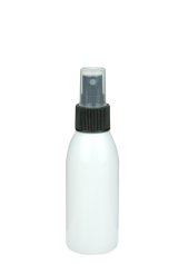 100 ml PET-Flasche weiß, Ø 41,9 mm, Sprühzerstäuber schwarz, geriffelt