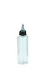 125 ml PETG-Dosierflasche transparent, Ø 41,5 mm, On/Off-Verschluss (schwarz/transparent)