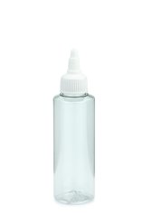 125 ml PETG-Dosierflasche transparent, Ø 41,5 mm, On/Off-Verschluss weiß