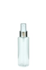 125 ml PETG-Flasche transparent, Ø 41,5 mm, Lotionpumpe weiß/Metall