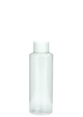 125 ml PETG-Flasche transparent, Ø 41,5 mm, Schraubverschluss mit Spritzeinsatz weiß