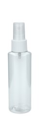 125 ml PETG-Flasche transparent, Ø 41,5 mm, Sprühzerstäuber weiß, geriffelt