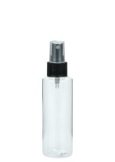 125 ml PETG-Flasche transparent, Ø 41,5 mm, Sprühzerstäuber schwarz, geriffelt
