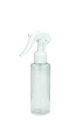 125 ml PETG-Flasche transparent, Ø 41,5 mm, Mini-Trigger-Sprühzerstäuber weiß