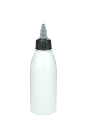 150 ml R-PET-Dosierflasche weiß, Ø 46,2 mm, On/Off-Verschluss (schwarz/transparent)