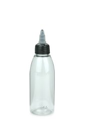 150 ml PET-Dosierflasche transparent, Ø 46,2 mm, On/Off-Verschluss (schwarz/transparent)