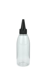 150 ml R-PET-Dosierflasche transparent, Ø 46,2 mm, Schraubkappe schwarz