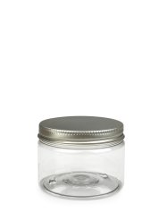 150 ml PET-Cylindrical Zylinderdose klar (70/400) – Alu-Deckel silber, glänzend, EPE-Einlage