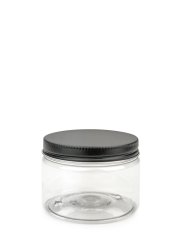 150 ml PET-Cylindrical Zylinderdose klar (70/400) – Alu-Deckel schwarz-silber, matt, EPE-Einlage
