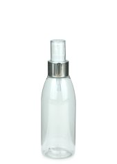 150 ml R-PET-Flasche transparent, Ø 46,2 mm, Lotionpumpe weiß/Metall
