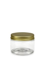 150 ml R-PET-Cylindrical Zylinderdose klar (70/400) – Alu-Deckel gold, matt, EPE-Einlage