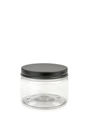 150 ml R-PET-Cylindrical Zylinderdose klar (70/400) – Alu-Deckel schwarz-silber, matt, EPE-Einlage