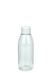 150 ml R-PET-Flasche transparent, Ø 46,2 mm, Schraubverschluss mit Spritzeinsatz weiß