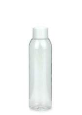 150 ml R-PET-Flasche transparent, Ø 42,2 mm, Schraubverschluss mit Spritzeinsatz weiß