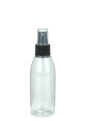 150 ml R-PET-Flasche transparent, Ø 46,2 mm, Sprühzerstäuber schwarz, geriffelt