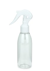 150 ml R-PET-Flasche transparent, Ø 46,2 mm, Mini-Trigger-Sprühzerstäuber weiß, glatt