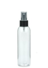 150 ml PET-Flasche transparent, Ø 42,2 mm, Sprühzerstäuber schwarz, geriffelt