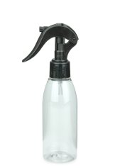 150 ml R-PET-Flasche transparent, Ø 46,2 mm, Mini-Trigger-Sprühzerstäuber schwarz, glatt