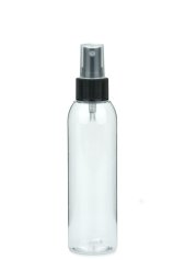 150 ml R-PET-Flasche transparent, Ø 42,2 mm, Sprühzerstäuber schwarz, geriffelt