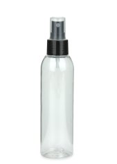 150 ml R-PET-Flasche transparent, Ø 42,2 mm, Sprühzerstäuber schwarz, glatt