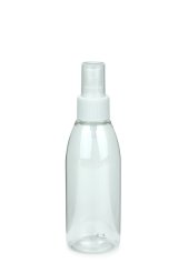 150 ml PET-Flasche transparent, Ø 46,2 mm, Sprühzerstäuber weiß, geriffelt