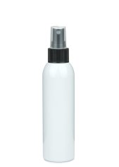 150 ml PET-Flasche weiß, Ø 42,2 mm, Sprühzerstäuber schwarz, geriffelt
