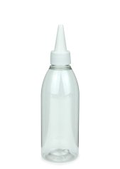 200 ml R-PET-Dosierflasche transparent, Ø 50,4 mm, Schraubkappe weiß