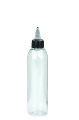 200 ml PET-Dosierflasche transparent, Ø 45,8 mm, On/Off-Verschluss (schwarz/transparent)