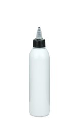 200 ml R-PET-Dosierflasche weiß, Ø 45,8 mm, On/Off-Verschluss (schwarz/transparent)