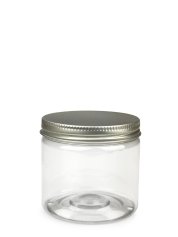 200 ml PET-Cylindrical Zylinderdose klar (70/400) – Alu-Deckel silber, glänzend, EPE-Einlage