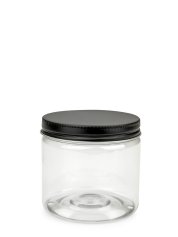 200 ml PET-Cylindrical Zylinderdose klar (70/400) – Alu-Deckel schwarz-silber, matt, EPE-Einlage